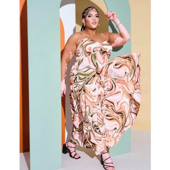 Eloquii Trapeze maxi dress Swirl Print orange pink, women plus size 20 - Picture 2 of 16